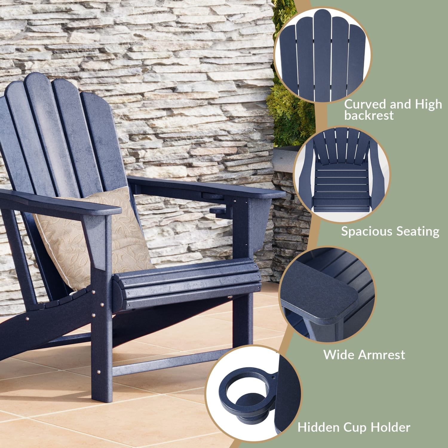 WestinTrends Highland Outdoor Patio HDPE Adirondack Chairs With Cup Holders (Set of 8), Navy Blue