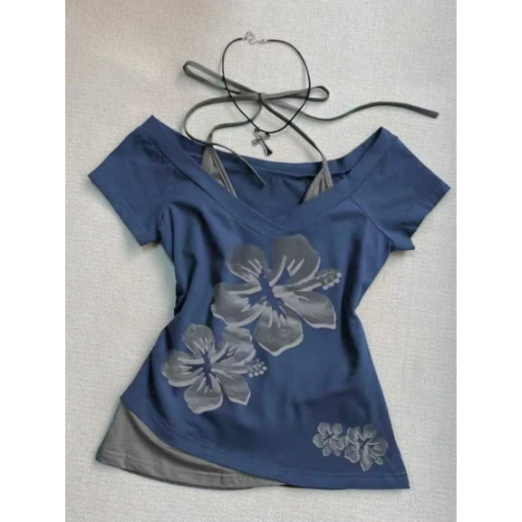 Y2K Retro Street Print T-shirt Fashion Streetwear Halter Neck Fake Two Piece Harajuku 2024 Summer Casual T-Shirt Women Clothes