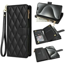 for iPhone 14 Wallet Phone case with Card Holder,Phone case RFID Blocking PU Leather Flip Shockproof Cover with Hand Strap Zipper Credit Card Holder Slots for Women Men,Black