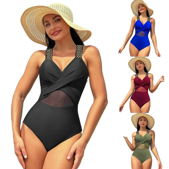 FLMEI Womens One Piece Swimsuits Womens Mesh Bikini High Waisted Bathing Suit Solid Colour Swimwear for Womens S-XXL