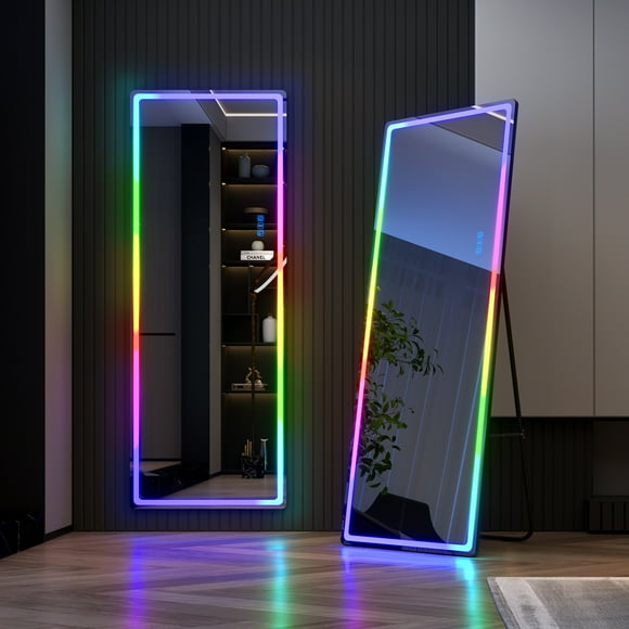 LVSOMT 63"X22" RGB LED Full Length Body Mirror, Floor Mirror, Rectangle Black Mirror, Free Standing x Wall Mounted Mirror, Large Full Size Stand up Mirror for Bedroom Living Room