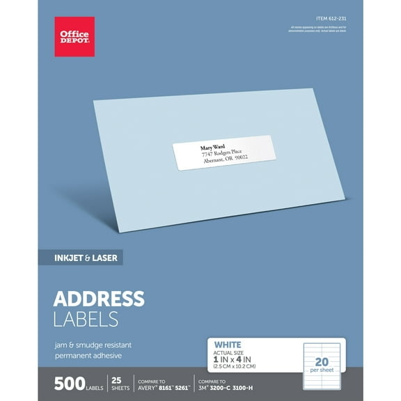 Office Depot White Inkjet/Laser Address Labels, 1in. x 4in., Pack Of 500, 505-O004-0006