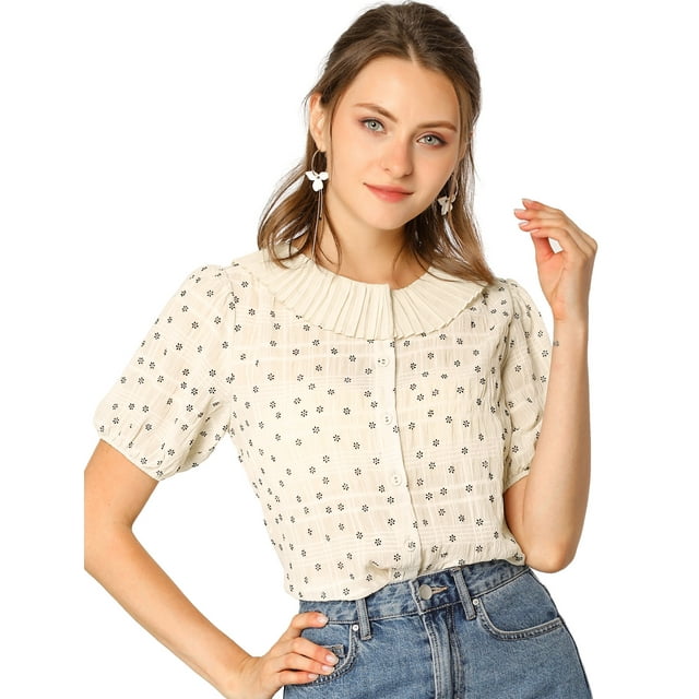 INSPIRE CHIC Chemise à Manches Bouffantes Florale pour Femmes avec Col Plissé et Boutons