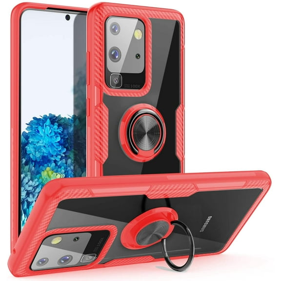 Galaxy S20 Ultra Case, Samsung Galaxy S20 Ultra Case,Carbon Fiber Design Anti-Fingerprints Crystal Clear Cover with Rotation Finger Ring Kickstand [Work with Magnetic Car Mount], Red