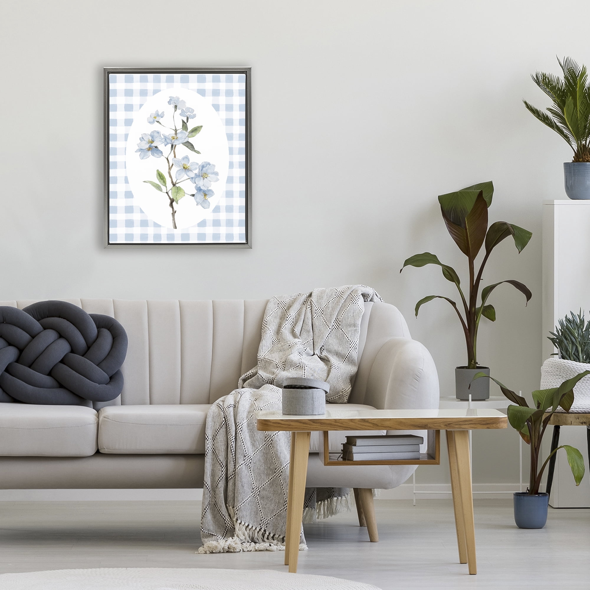Stupell Industries Blooms on Blue Checkers Gray Framed Floater Canvas Wall Art, design by Lanie Loreth