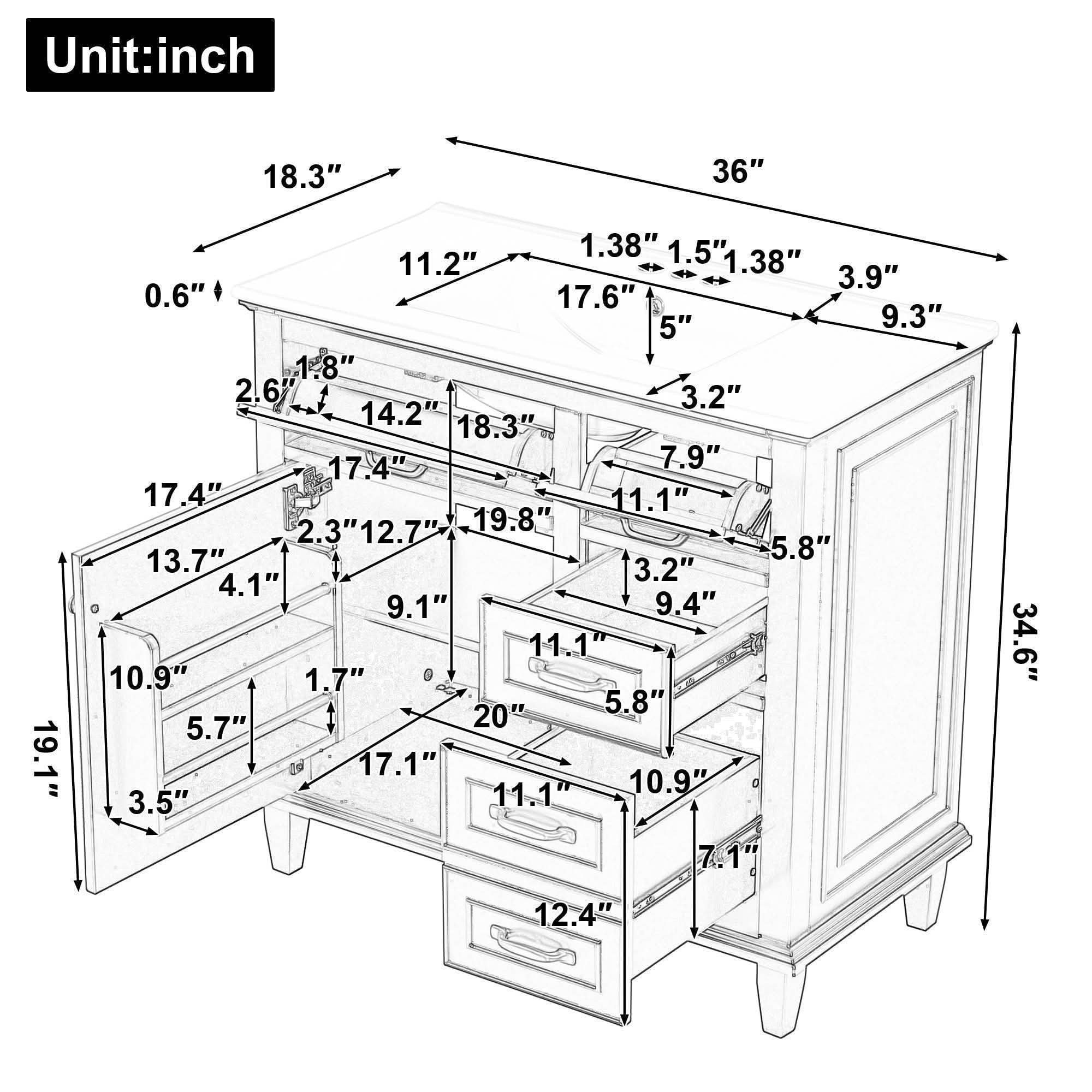 MAYEERTY 36" Bathroom Vanity Ceramic Sink Top Solid Wood MDF Poplar Cabinet Flip Drawers Adjustable Shelves Zinc Handles