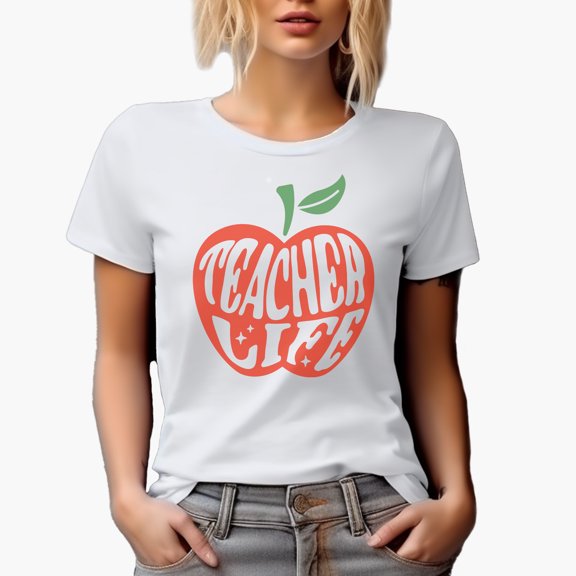 Teacher Life with Apple Art Merch Gift, White T-Shirt, Small