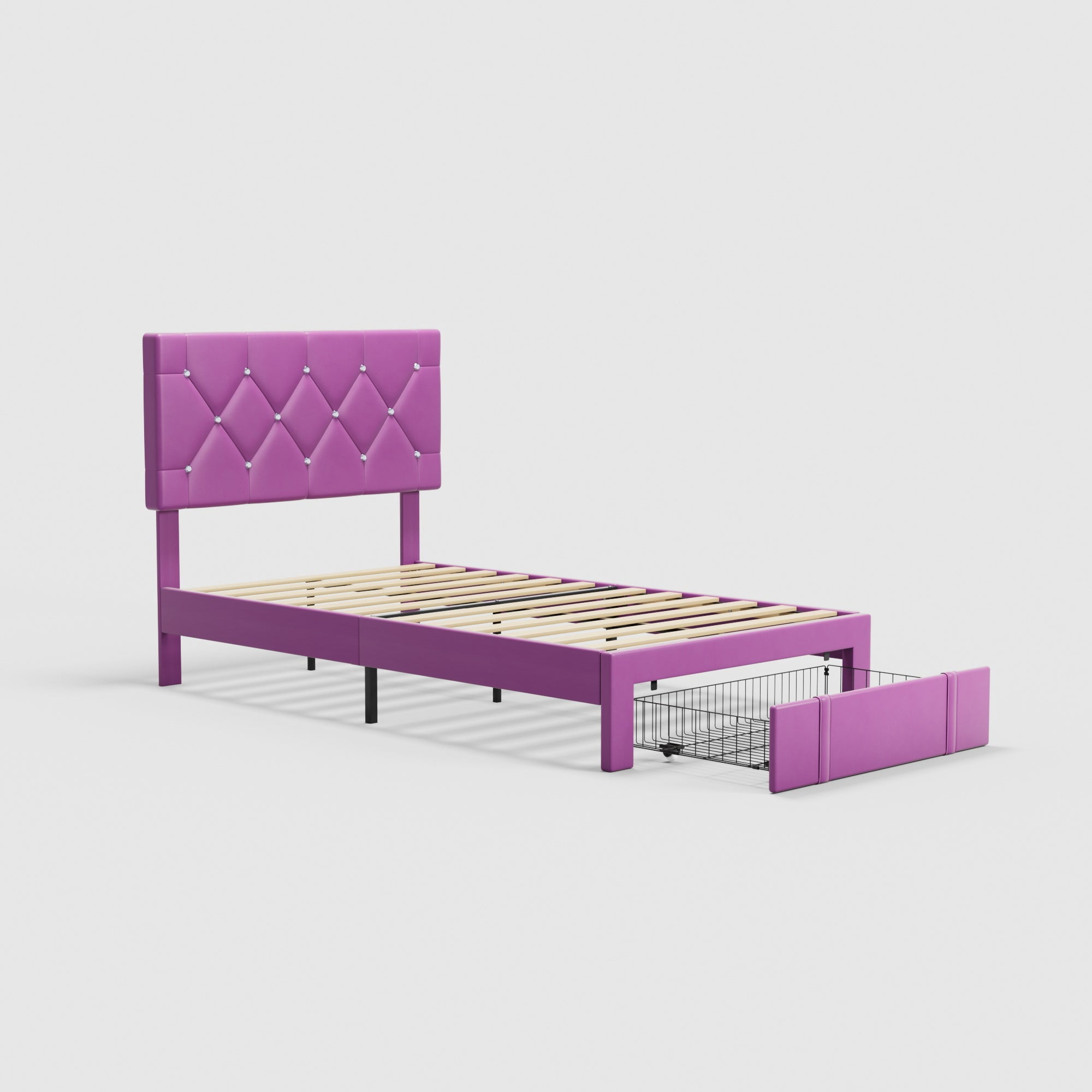 VECELO Upholstered Bed with Storage-1 Drawer, Purple Bed Frame Twin Platform Bed with Faux Leather Tufted Headboard
