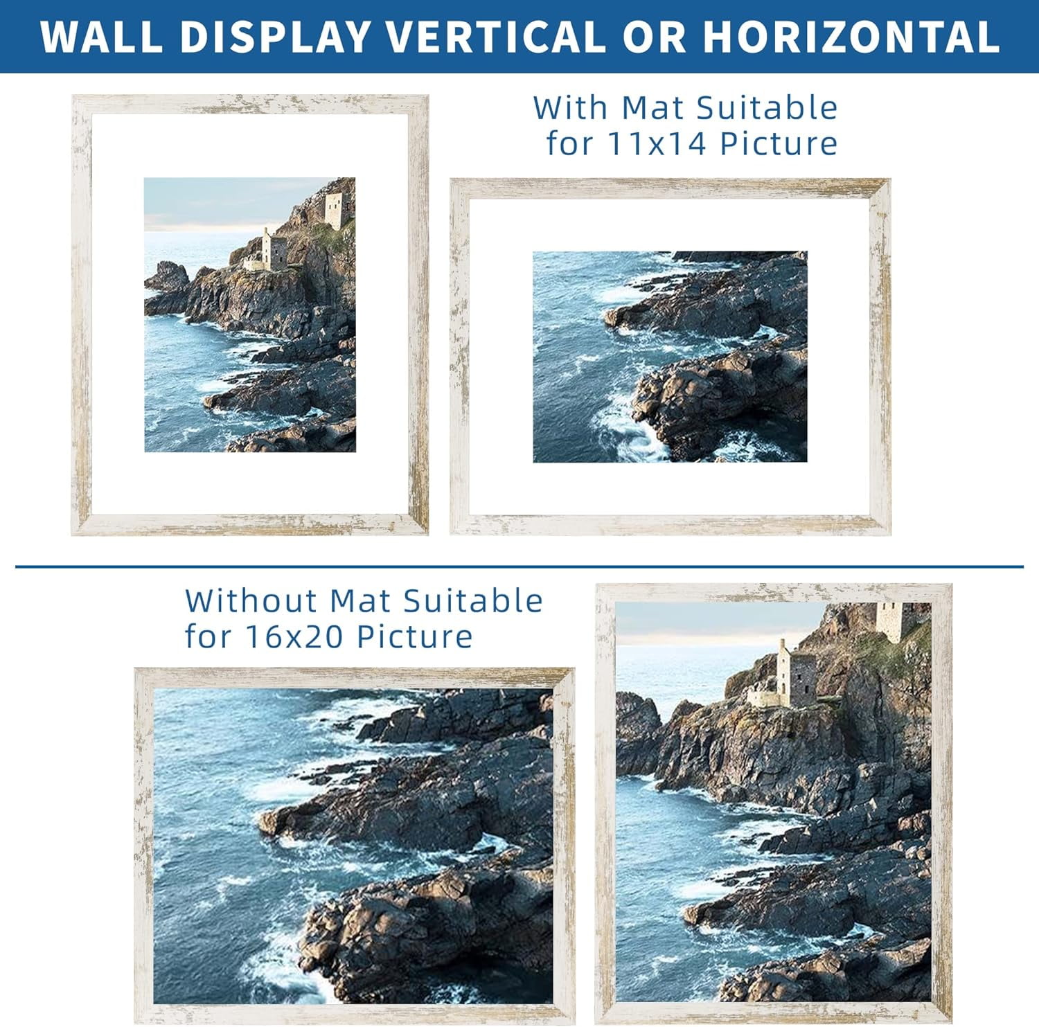 16x20 Frames Set of 2, Distressed White Wood Style - Display 16 x 20 Picture without Mat or 11x14 Picture with Mat, Wall Mounting Horizontal and Vertical