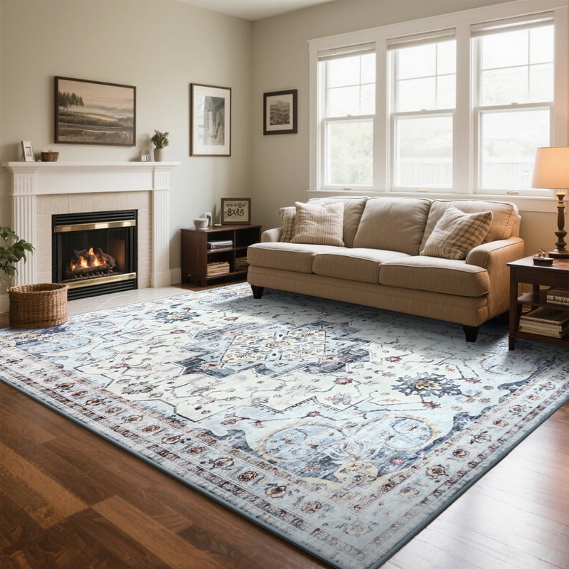 TWINNIS 8'x10'Area Rugs for Living Room Washable Rugs Boho Area Rug Non-Slip Carpet,Blue