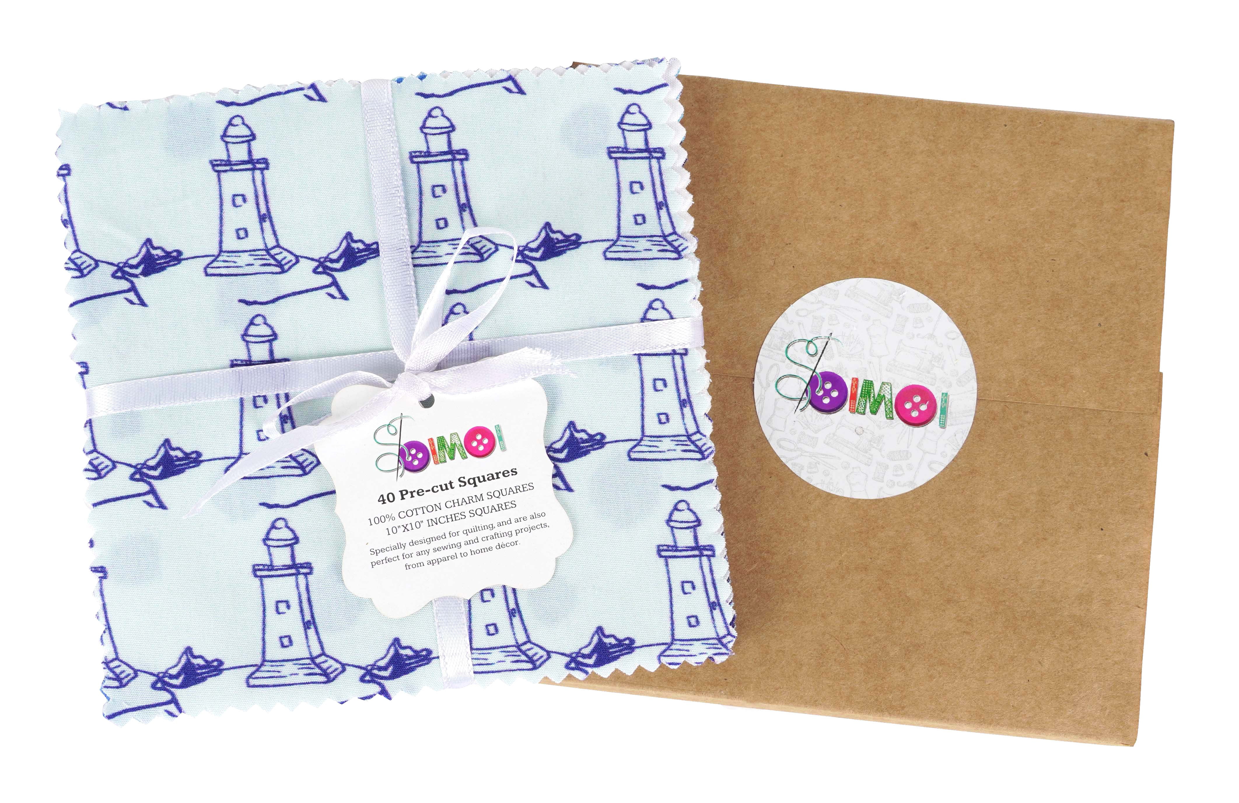 Soimoi Precut 10-inch Nautical Prints Cotton Fabric Bundle Quilting Squares Charm Pack DIY Patchwork Sewing Craft- Blue