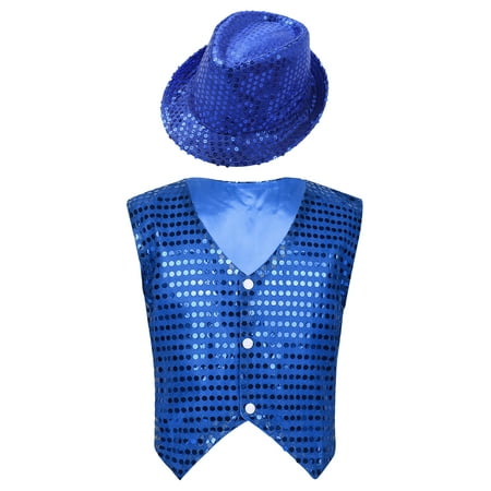 YIZYIF Little Boys Shiny Glitters Sequins Waistcoat Vest with Hat Set Youth Jazz Hip Hop Dance Performance Costume