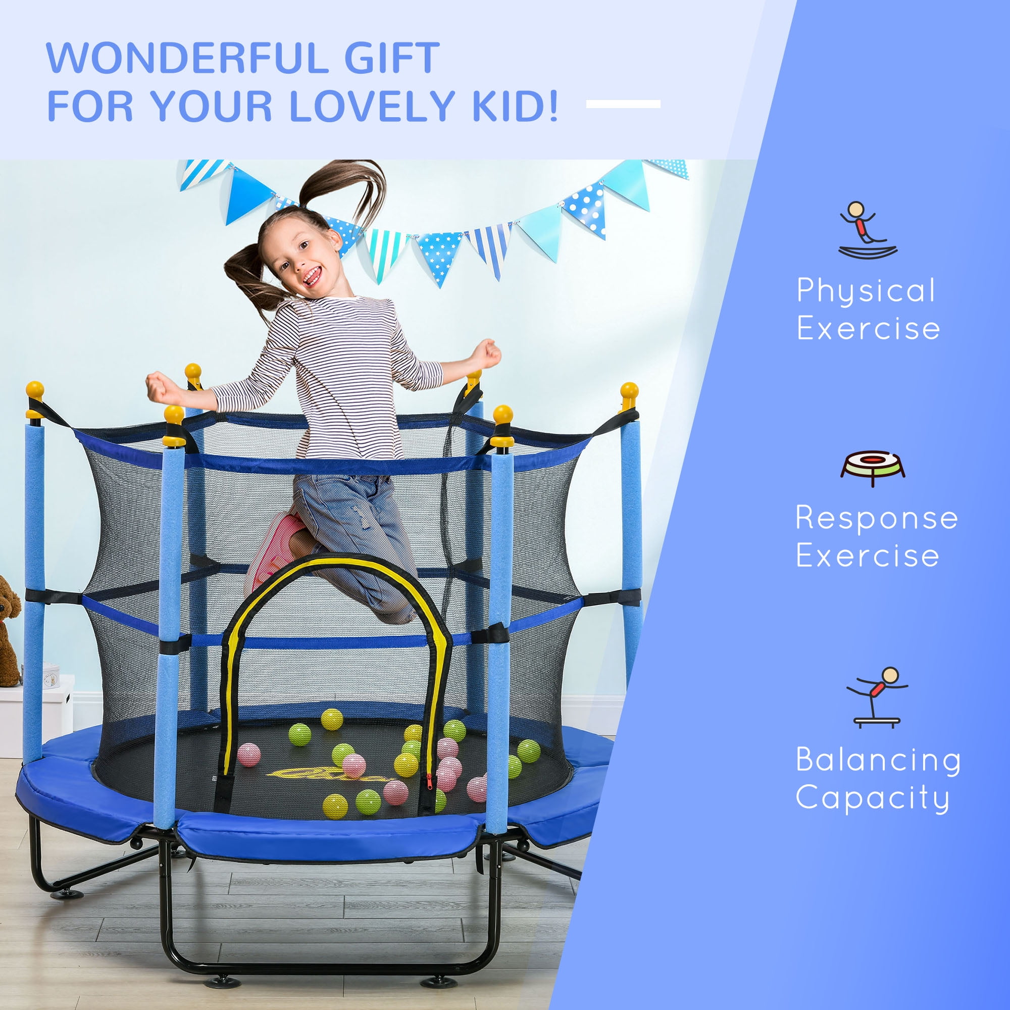 Qaba 4.6' Trampoline for Kids with Safety Enclosure & Ball Pit, Blue