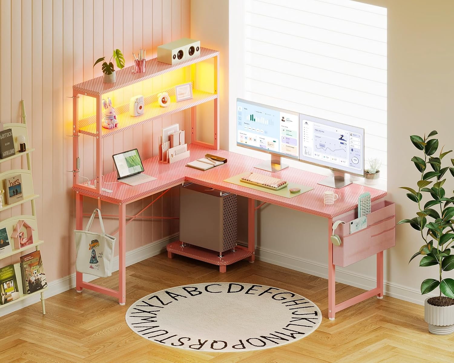 53 Inch L Shaped Desk with LED Lighting, Reversible Gaming Desk with Power Outlets, Cornor Computer Table with Storage Shelves & Bag & Iron Hook, Home Office Table for Writing, Study, Pink
