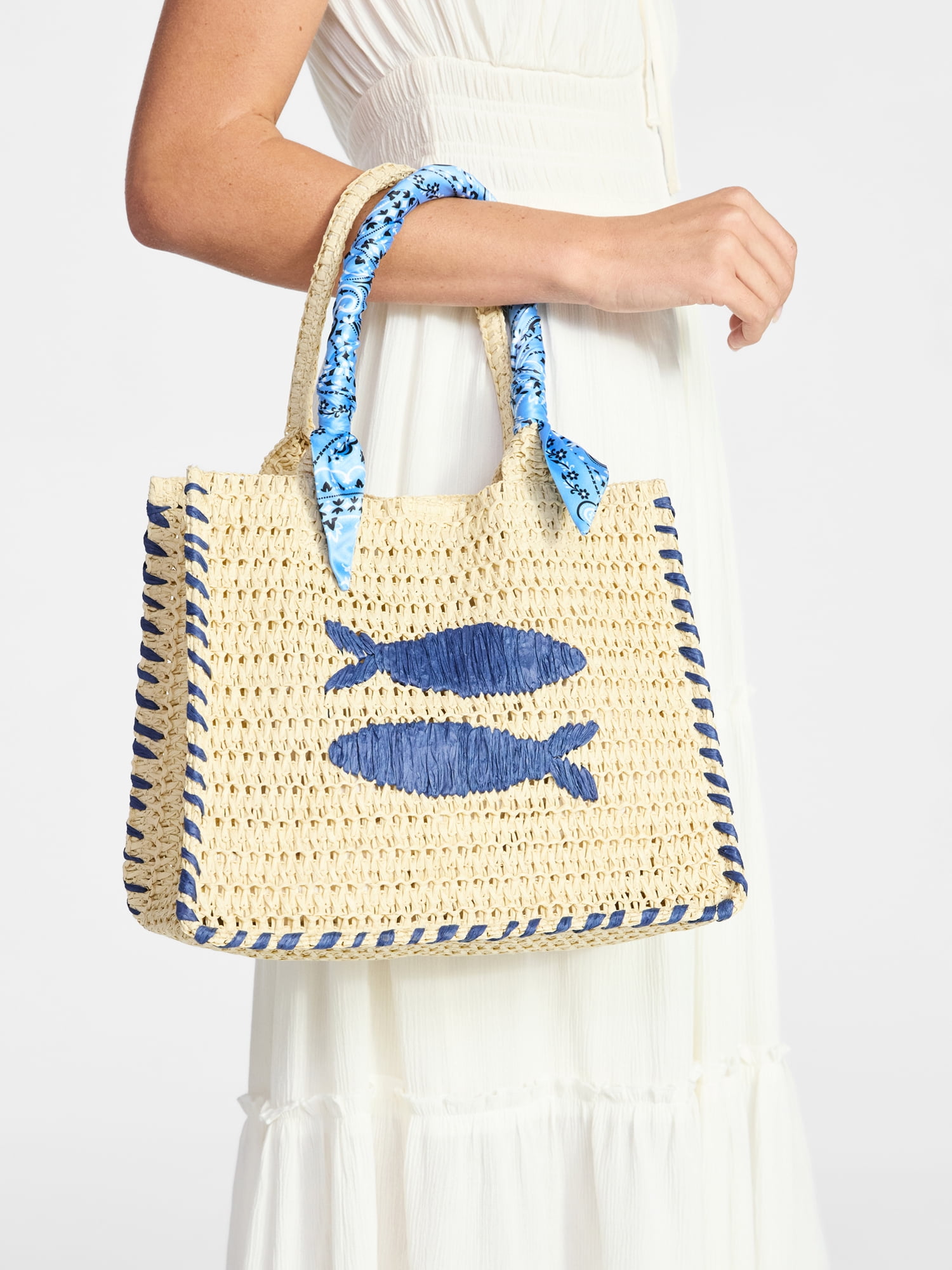 No Boundaries Women's Beach Icons Mini Straw Tote Bag, Light Natural with Fish Embroidery