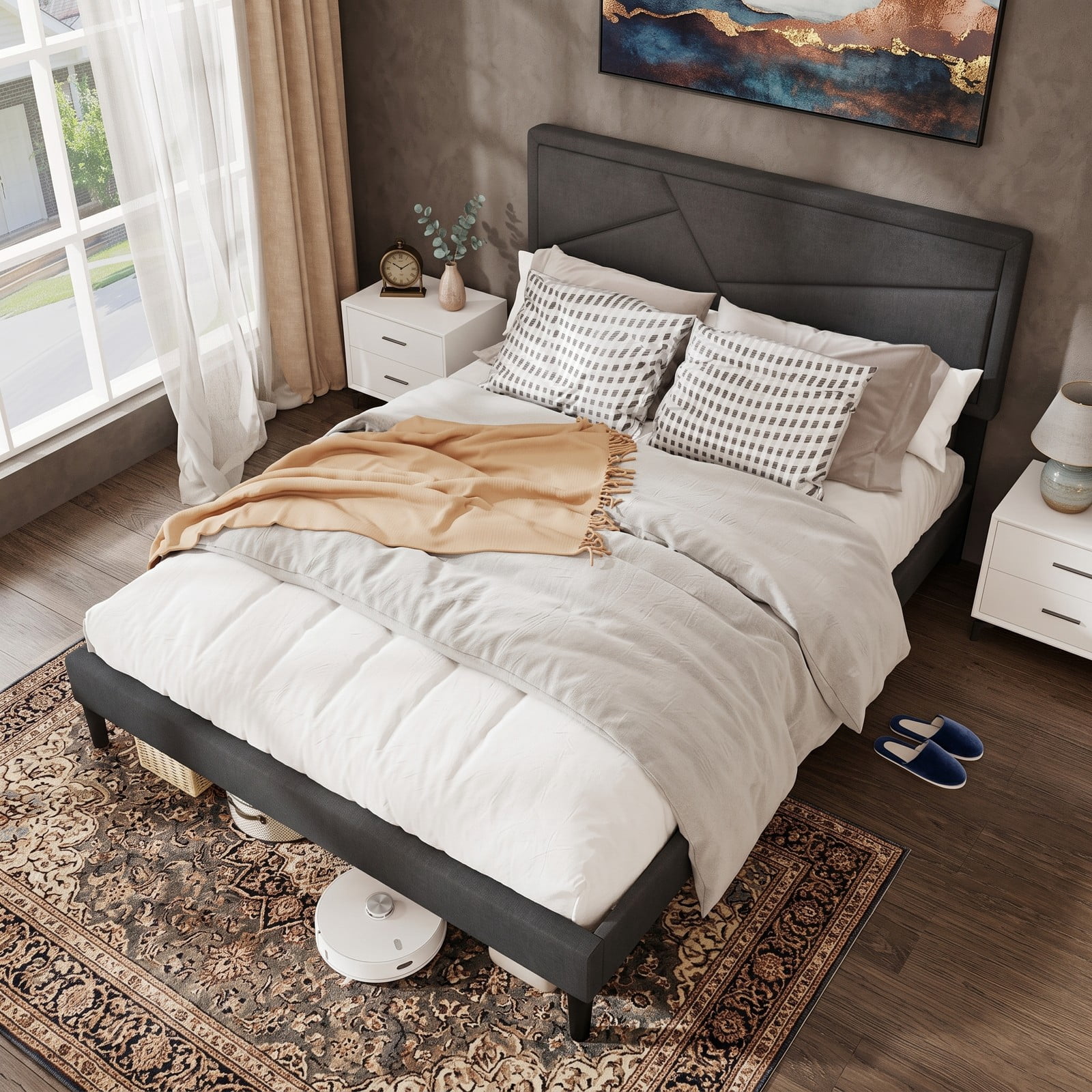 Furnibear Queen Bed Frame with Headboard, Upholstered Platform Bed Frame with 12 Plywood Slats for Modern Bedroom, No Box Spring, Dark Gray