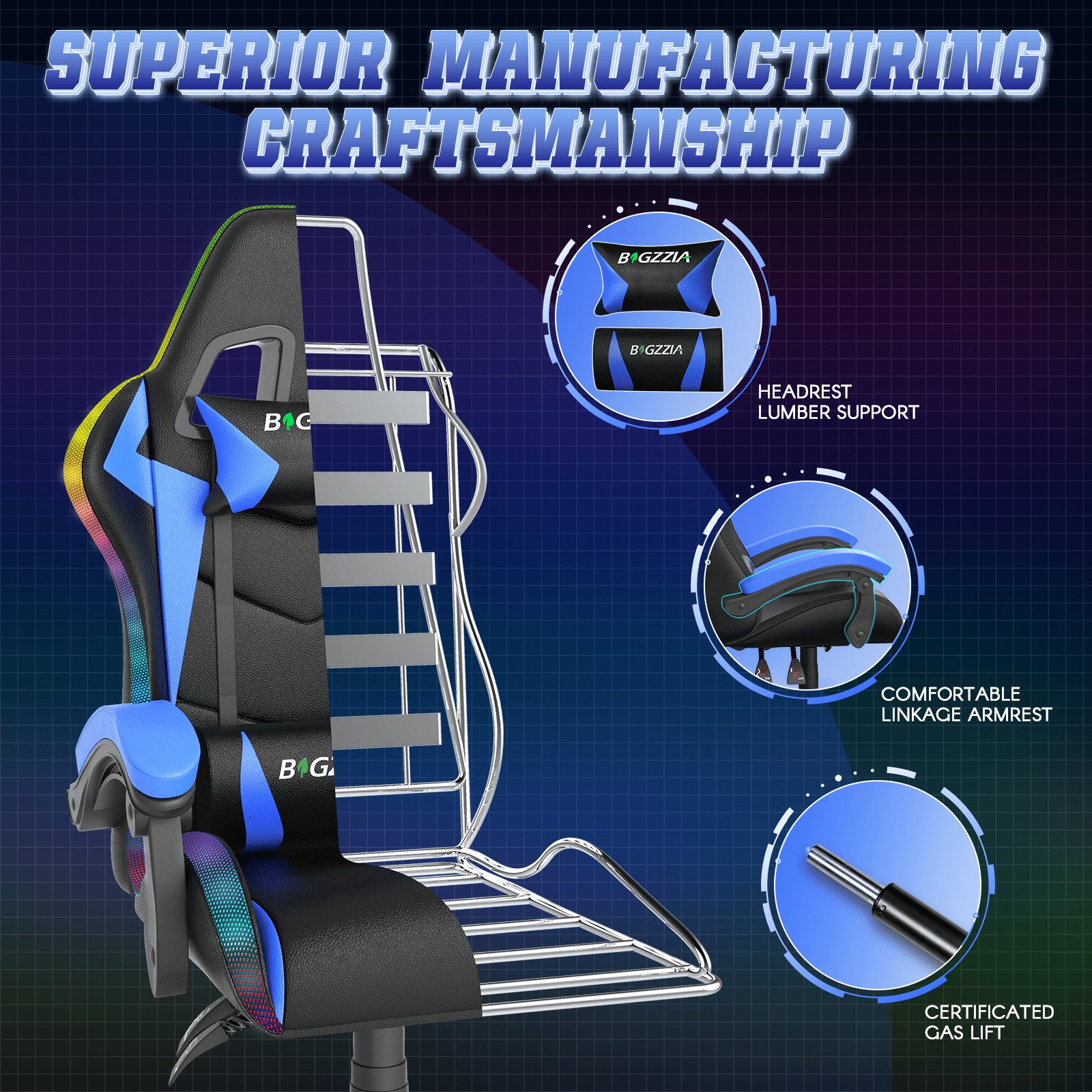 Bigzzia Gaming Chair with LED Lights Ergonomic Office Chair for Adults and Kids - Adjustable Height, 360° Swivel, Headrest Support, Mesh PU Leather, Black & Blue