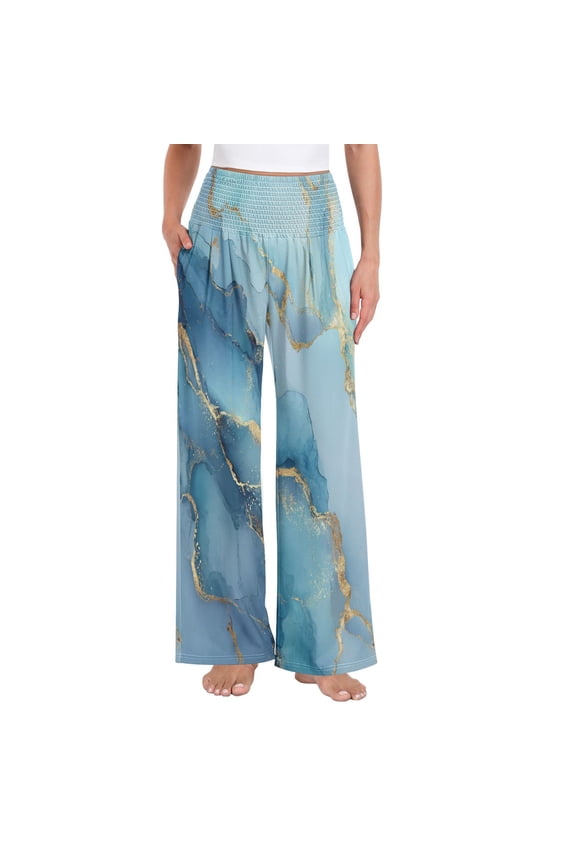 Women's High Waisted Wide Leg Pants Casual Summer Trousers with Pockets Smocked Waist Soft Breathable Lounge Pants for Home Yoga Travel Shopping S-XXL Light Blue Gold Marble Pattern