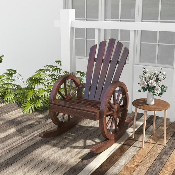 Kinbor Wooden Wagon Wheel Rocking Chair, Outdoor Rocking Chair with Slatted Back and Wheel Armrests, Rustic Brown