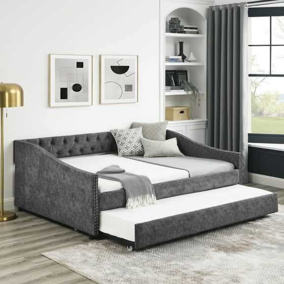 Full Size Daybed with Twin Size Trundle Upholstered Tufted Sofa Bed, with Button on Back and Copper Nail on Waved Shape Arms,Grey