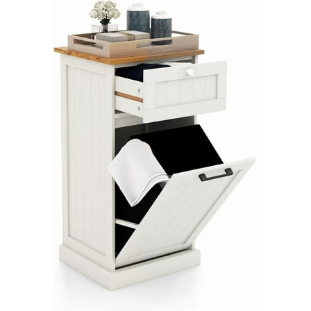 DORTALA Tilt-Out Laundry Hamper Cabinet, Freestanding Bathroom Storage Cabinet w/Removable Basket, Drawer, Bamboo Countertop, 10 Gallon Hidden laundry cabinet for Bathroom, Kitchen