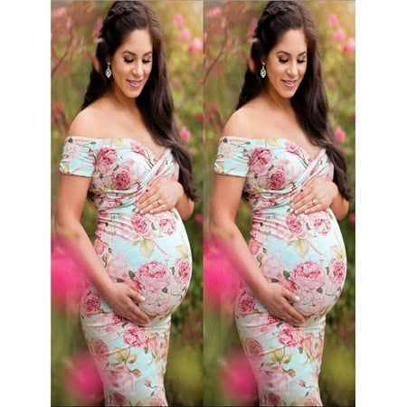 Women Pregnant Off Shoulder Photography Props Nursing Boho Chic Print Long