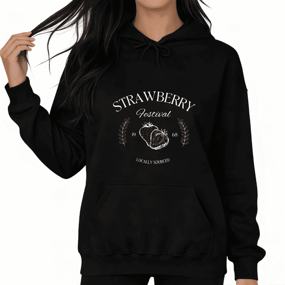 Black Print Hoodie Graphic Sweatshirt Strawberry Festival 1968 Artistic Fruit Print Casual Wear S-2XL Tops