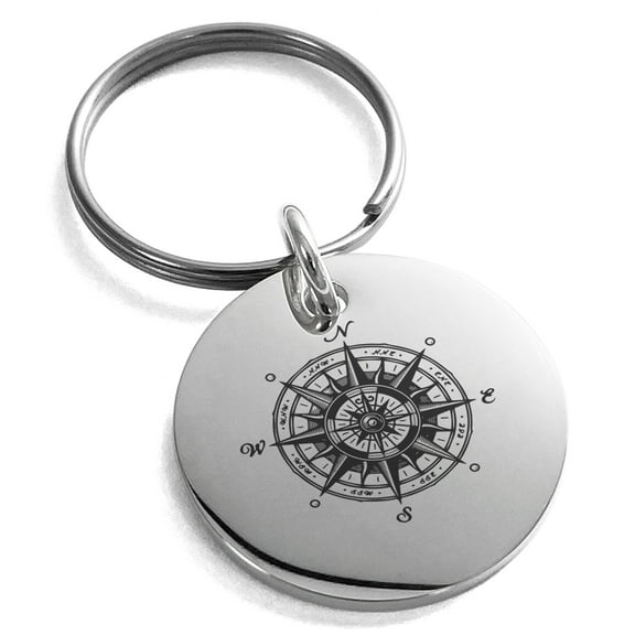 Stainless Steel Nautical Vintage Compass Engraved Small Medallion Circle Charm Keychain Keyring