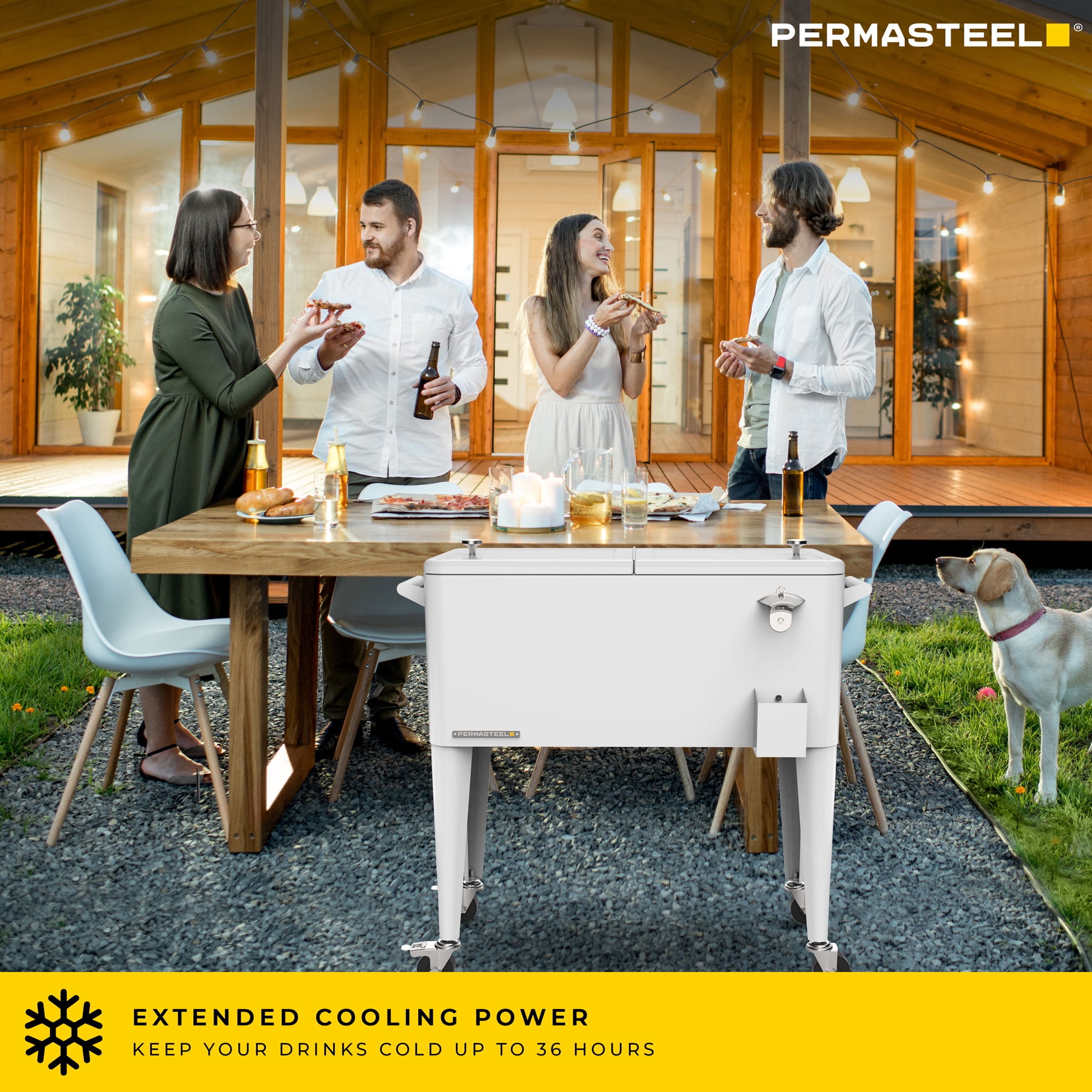 Permasteel Party Cooler with Divider, Spacious 80-Qt Capacity, Chills 36hrs, Serving Tray, Rolling Ice Chest for Indoor and Outdoor Entertainment, Matte White