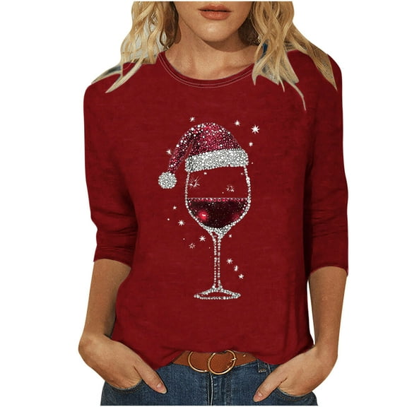 Womens Christmas Shirts 3/4 Sleeve Rhinestones Wine Glass Printed Xmas Holiday Tops Loose Casual Festive Tees (XL, Wine)