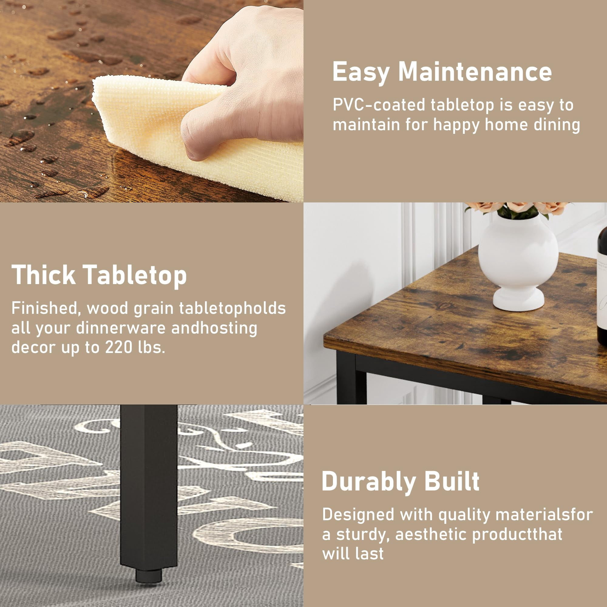 Aukfa 43.3" Dining Table Set for 4, Small Kitchen Table Set with 2 Benches for Living Room Dining Room,Brown