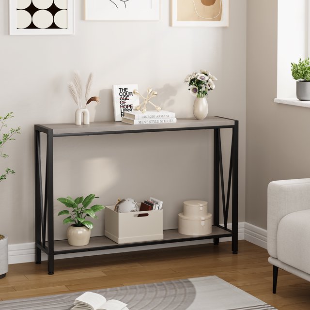 Kojooin 2 Tier Console Table with Storage Shelf, 43 Inch Narrow Sofa Table with Metal Frame and Adjustable Feet for Entryway