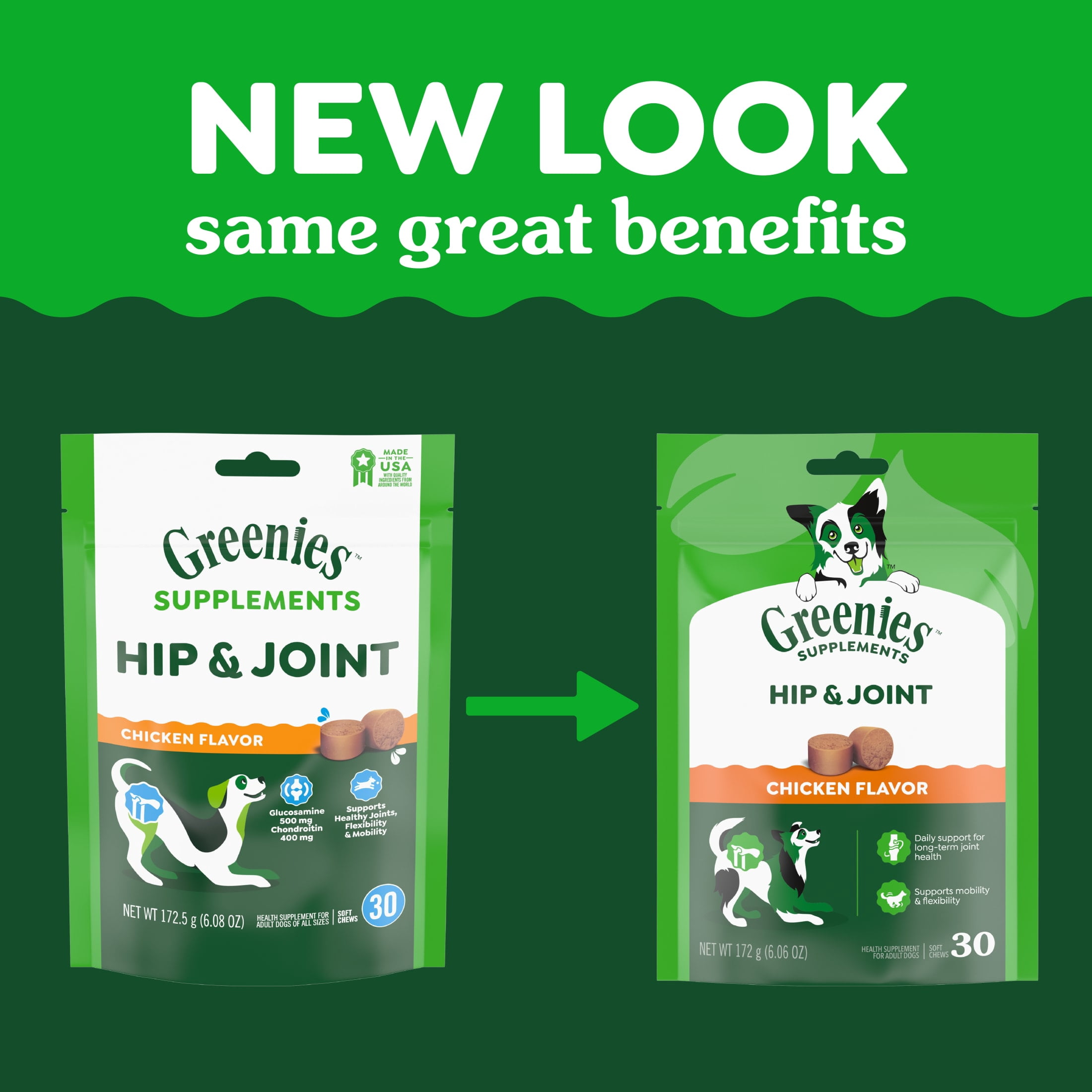 Greenies Supplements Chicken Flavor Hip and Joint Chews for Dogs, 6.08 oz Pouch, 30 Count