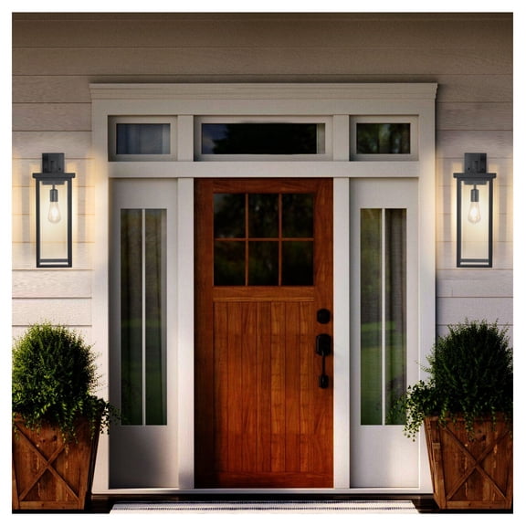 Outdoor Wall Lanterns 20" Set of 2, Black Metal & Clear Glass, Weatherproof Porch Lights, E26 Bulb Base, Entryway Sconces