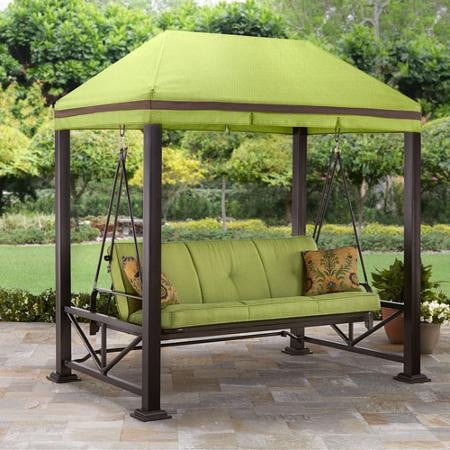Better Homes Amp Gardens Sullivan Pointe Gazebo Porch Swing Bed Seats 3 Green Walmart Com Walmart Com