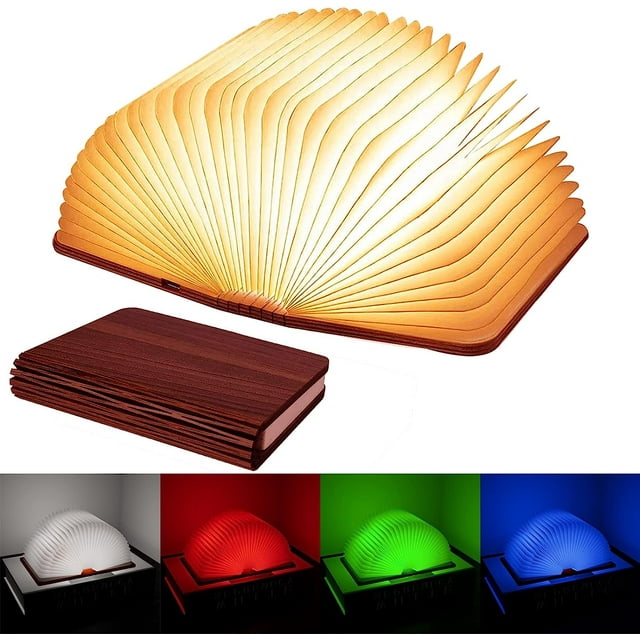 Luz de libro de madera, 5 colores mejorados, iluminación novedosa, lámpara de libro plegable de 360 °, luces LED azules/verdes/blancas/naranjas/rojas, linterna de papel para escritorio, ha