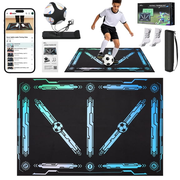 MoKo 35"x24" Soccer Training Mat with Video, Soccer Training Equipment Improve Strength, Agility and Coordination, Non-Slip Socks, Storage Bag, Portable Silent Footwork Mat Gift for Players, Black