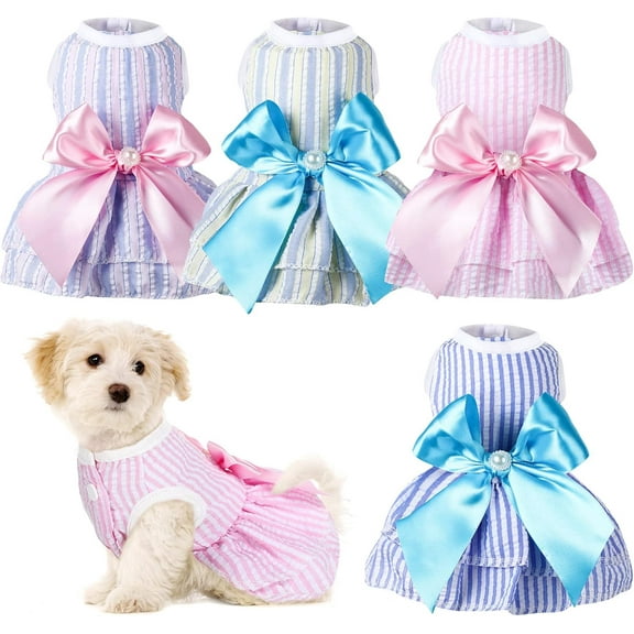 GASTROPOD 4 Pack Princess Dog Dresses for Small Dogs Girl,Tutu Skirt with Pearl Bow,Cute Summer Puppy Clothes,Sleeveless Pet Apparel with Front Buttons for Chihuahua Yorkie Maltese,Cats(X-Small)