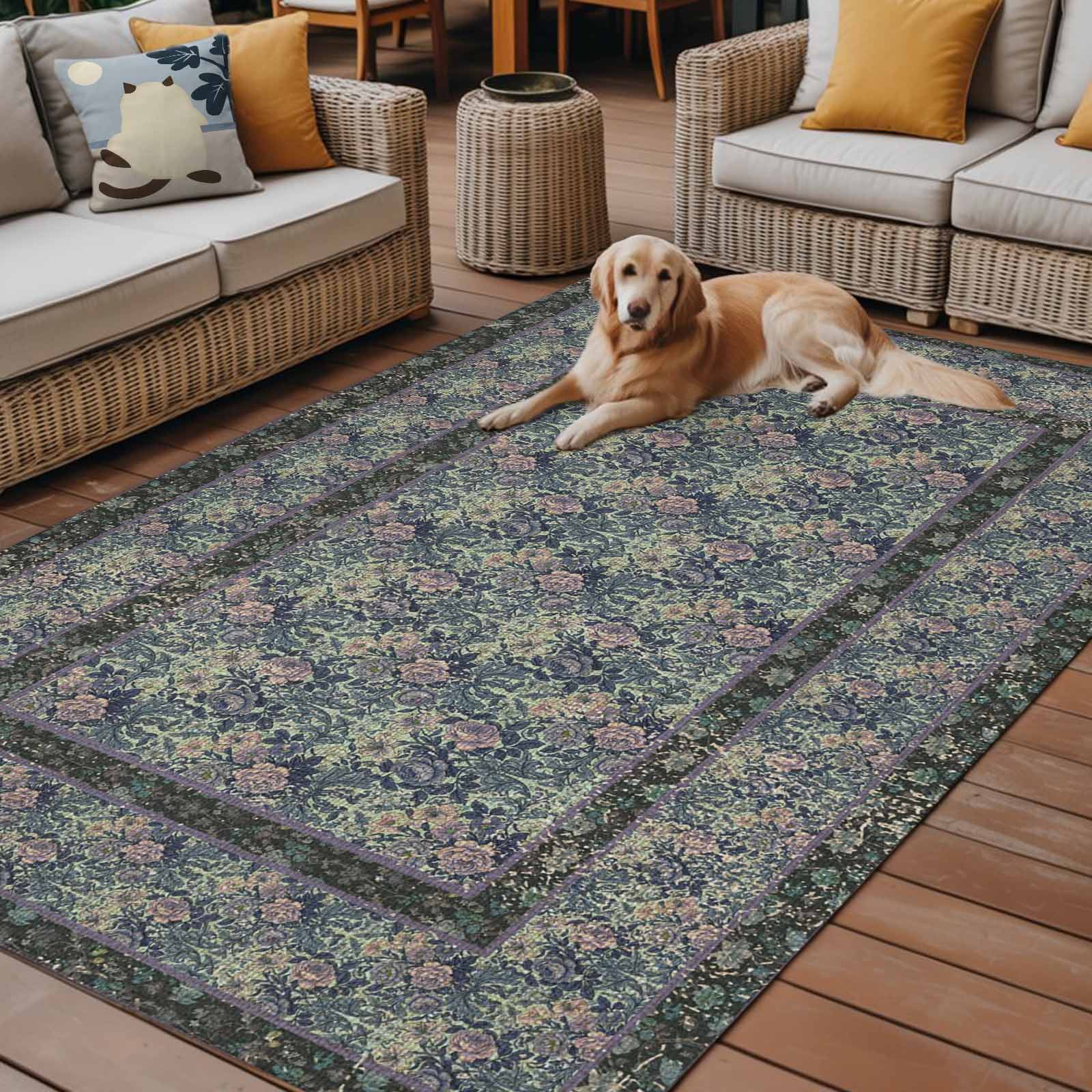 Outdoor Rug 5x8ft Boho Blue Flowers Large Area Rug Vintage Ethnic Style Texture Indoor Outdoor Carpet Outdoor Rugs Mats for Patio Camping,RV,Front Door, Outside Decor