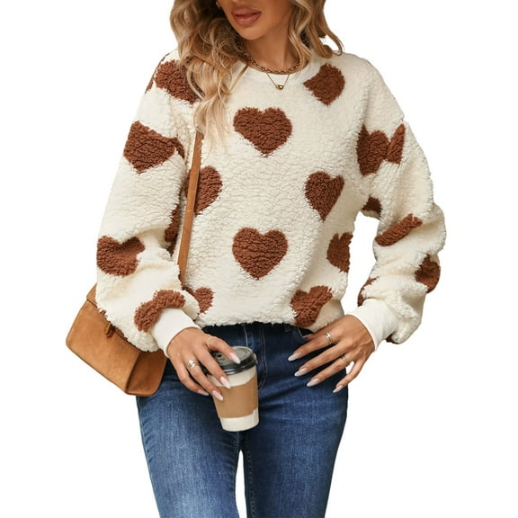 Women'S Plush Heart Print Loose Long Sleeve Round Neck Pullover Sweatshirt Fall Winter Outfits Khaki Love XXL