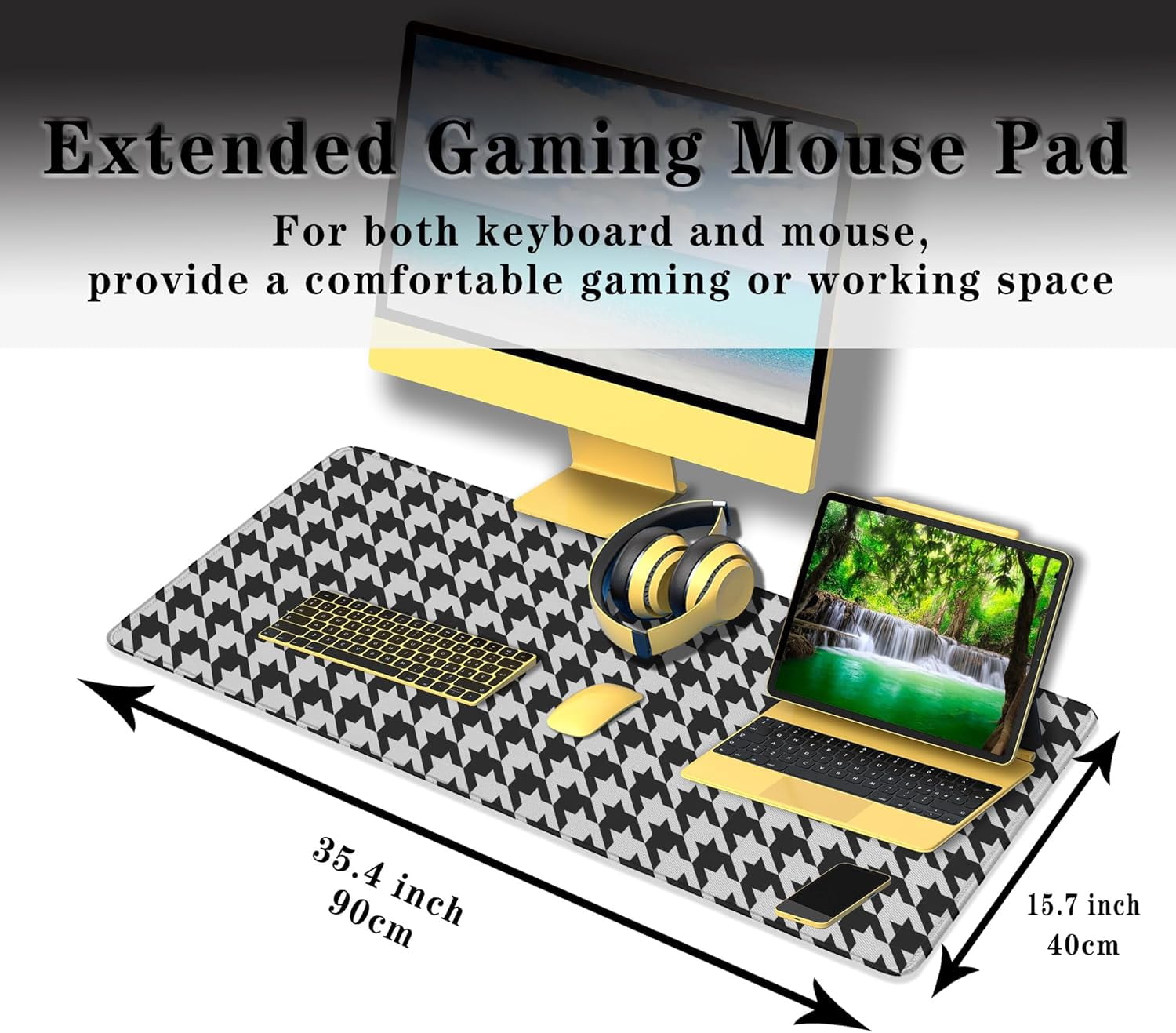 Gaming Mousepad Black and White Desk Mat for Desk Big Mouse Pads Keyboard Pad Home Office Decor Waterproof Non-Slip Rubber Base 35.4" X 15.7" for Game Office, Houndstooth Pattern