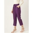 thumbnail image 3 of DressBerry - By Myntra Women Purple Cropped Solid Mid-Rise Regular Fit Polyester Ready to Wear Flat-Front Regular Trousers With Pockets, 3 of 8