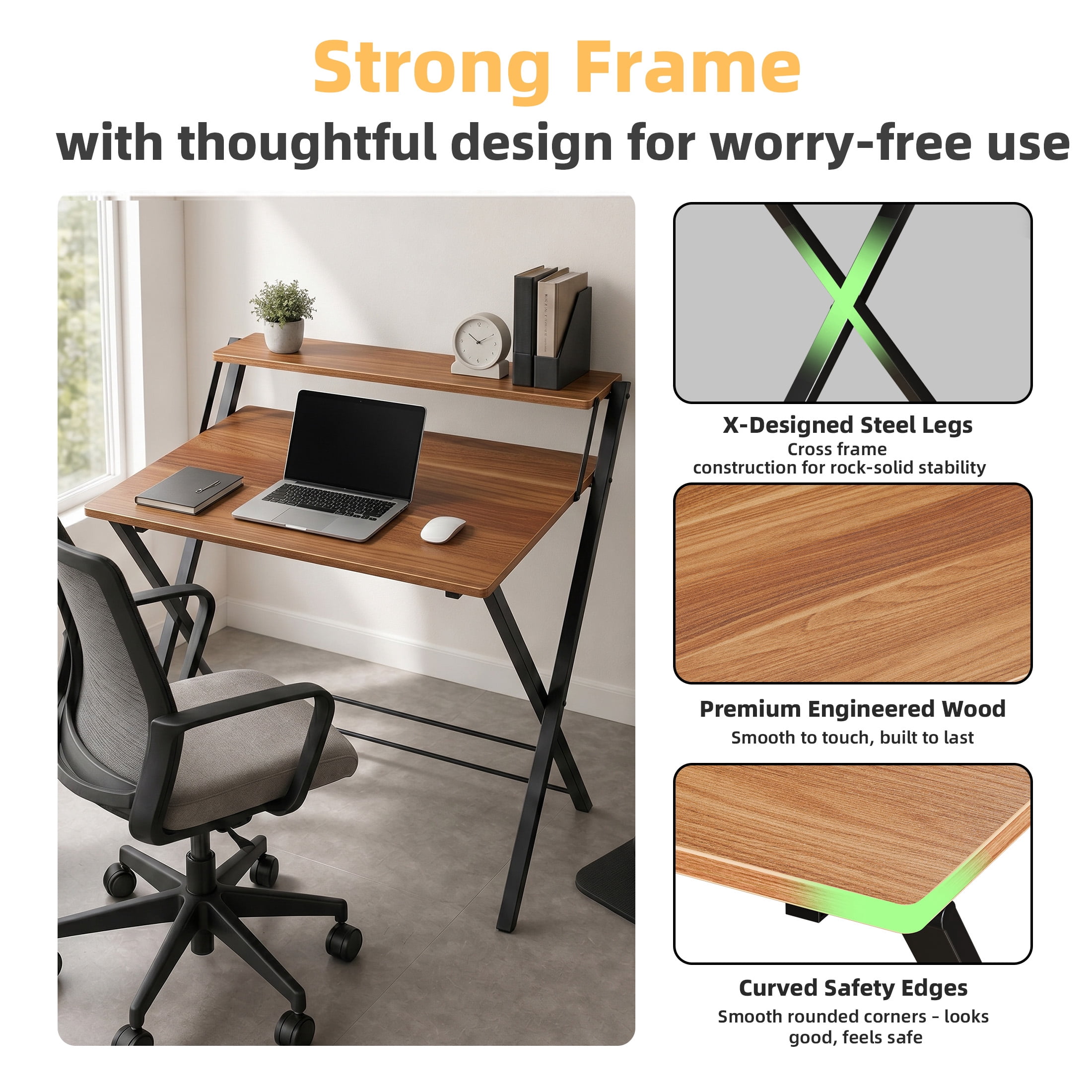 EDX Small Folding Desk with Shelf, No Assembly 2-Tier Compact Computer Table, Portable Study Workspace for Bedroom, Home Office, Brown