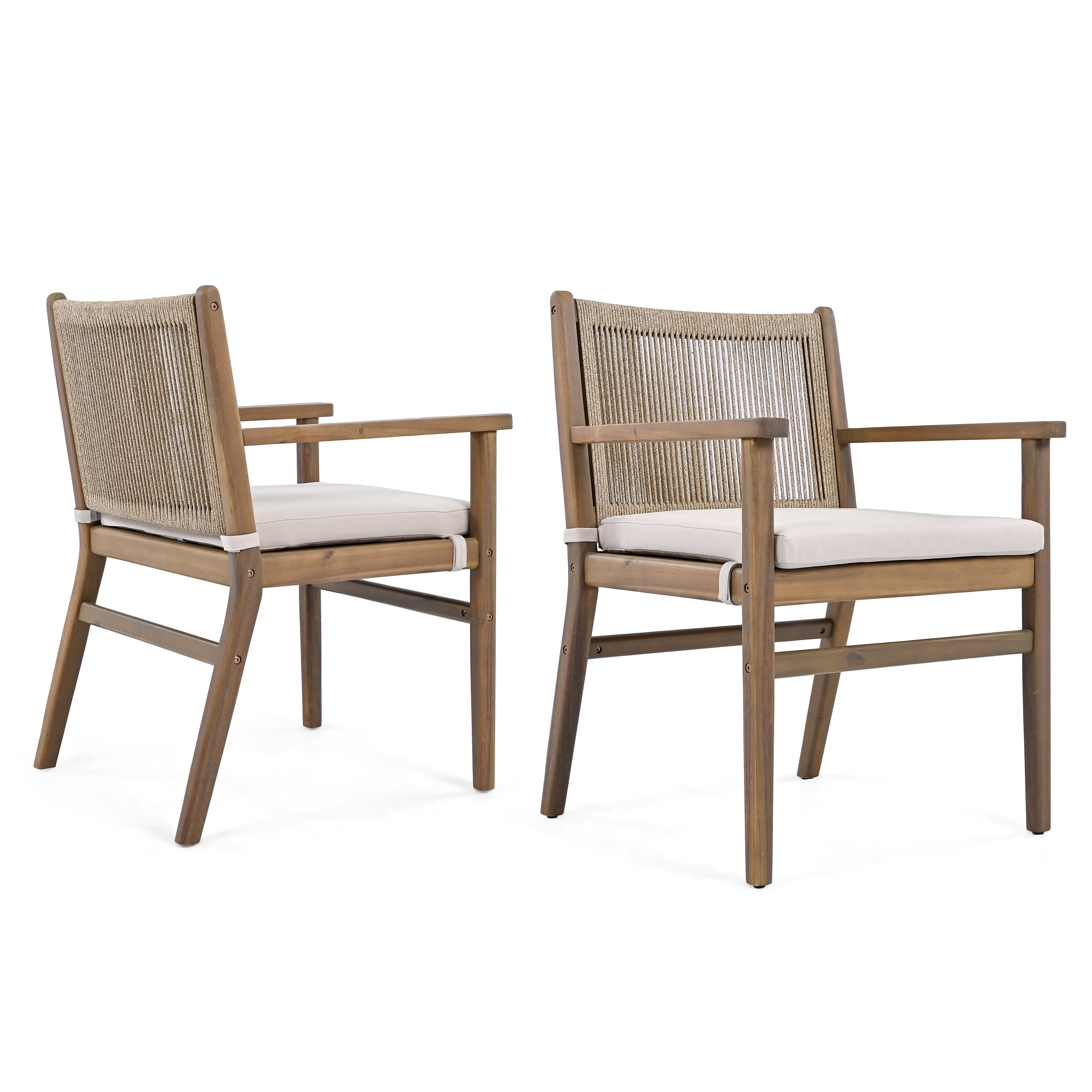 Outdoor Dining Chairs Set of 2, Acacia Wood Patio Armchair with Rope Design Back for Garden, Light Brown