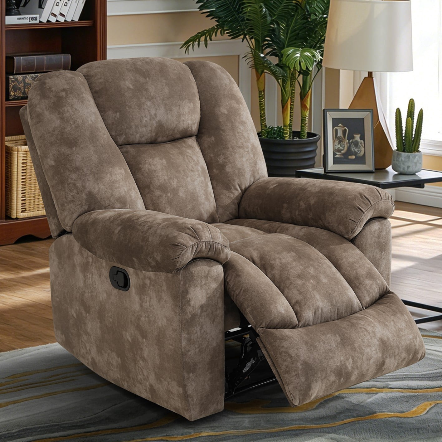 Gewnee Manual Recliner Chair, Adjustable Reclining Lounge Chair, Velvet Upholstered Single Sofa Recliner for Living Room, Office, Brown