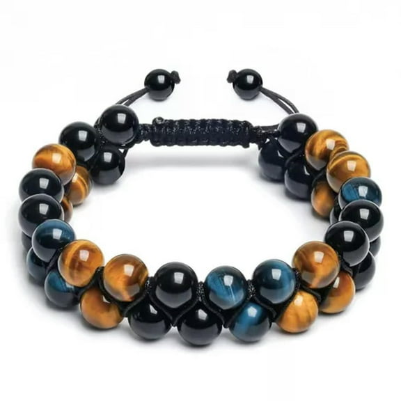 HOOUN Mens Triple Protection Obsidian Blue Tiger Eye Crystal Healing Hematite Bracelet