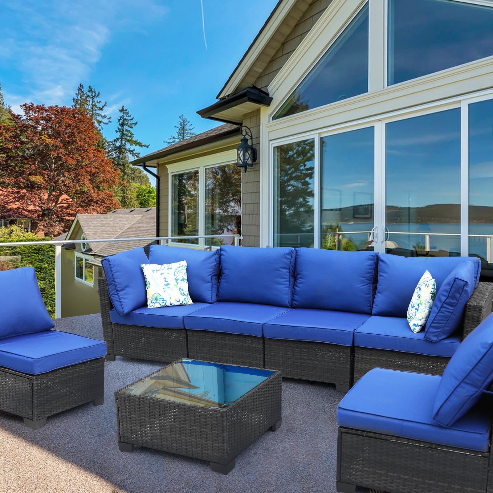 ZXRLHX 7 Piece Wicker Sectional Patio Furniture Set (Coffee/Blue) with Pillows, for Outdoor Deck