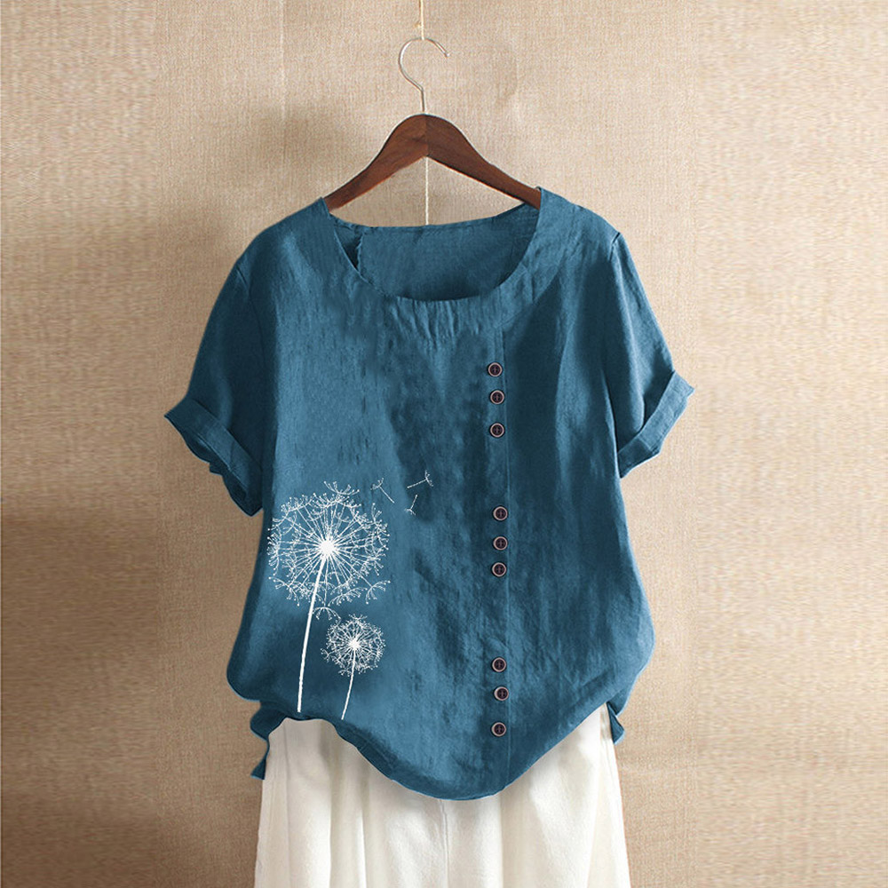 Womens T-Shirt Short Sleeve Loose Fit Floral Print O Neck Casual Plus Size Vintage Blouse Tees Shirt Tops