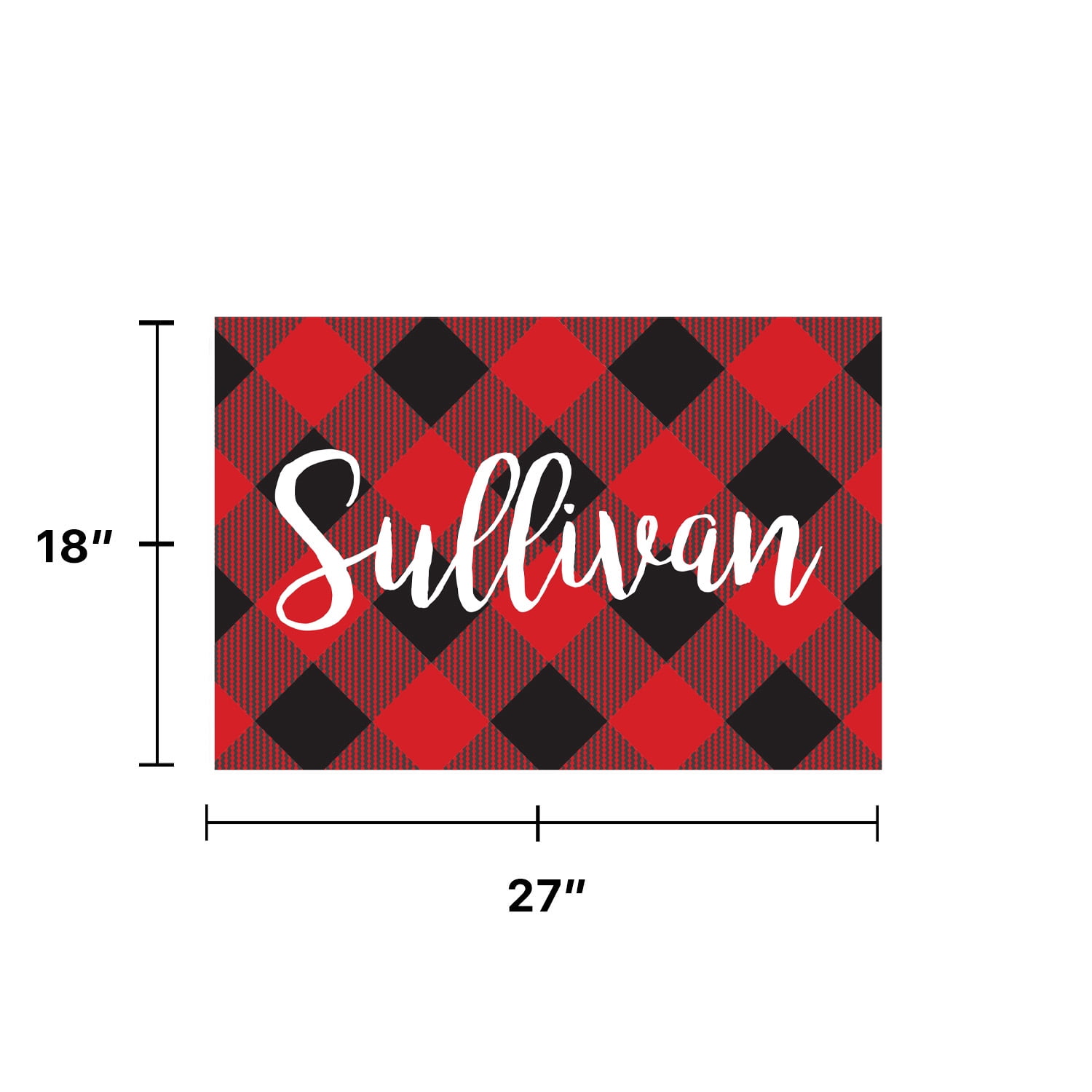 Personalized Planet 27x18 Holiday Plaid Doormat with Custom Name Printed on Red and Black Rectangular 1/4” Thick Non Slip Mat for Kitchen Hallway Deck or Porch