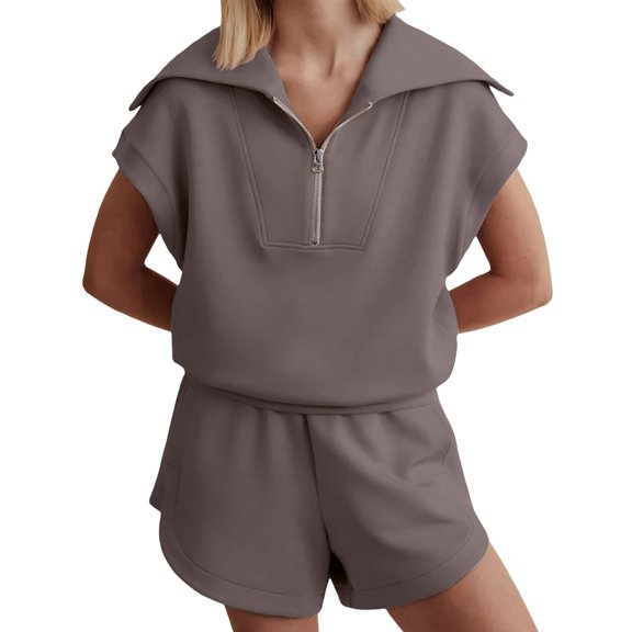 Women Two Piece Outfits Tracksuit Half Zip Lapel Cap Sleeve Sweatshirt High Waist Drawstring Shorts Set Sweatsuit